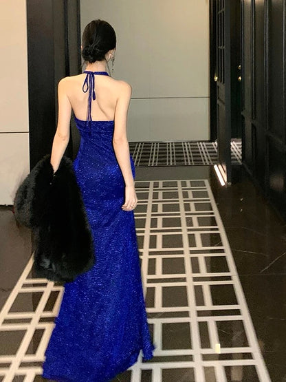 Glitzernde Meerjungfrauen Neckholder Königlich Blau Mit Schlitz Pailletten Sommer 19. Geburtstag Elegantes Outfit Hochzeitsgastkleider N4070