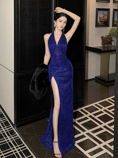 Glitzernde Meerjungfrauen Neckholder Königlich Blau Mit Schlitz Pailletten Sommer 19. Geburtstag Elegantes Outfit Hochzeitsgastkleider N4070