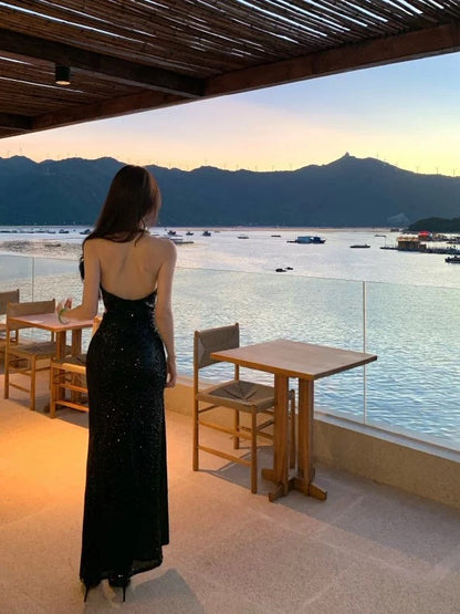 Sparkly Mermaid Halter Black Tie Sequin Summer 19th Birthday Elegant Outfit Wedding Guest Dresses N4071