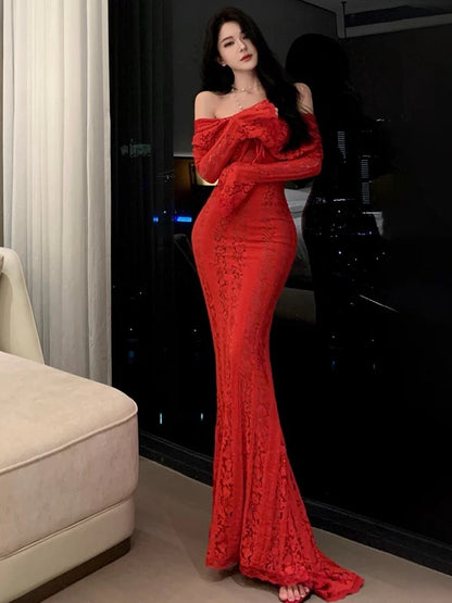 Robe de bal sirène bordeaux en dentelle à épaules dénudées et manches longues, tenue élégante pour le 21e anniversaire, robes d'invitée de mariage d'été N4072