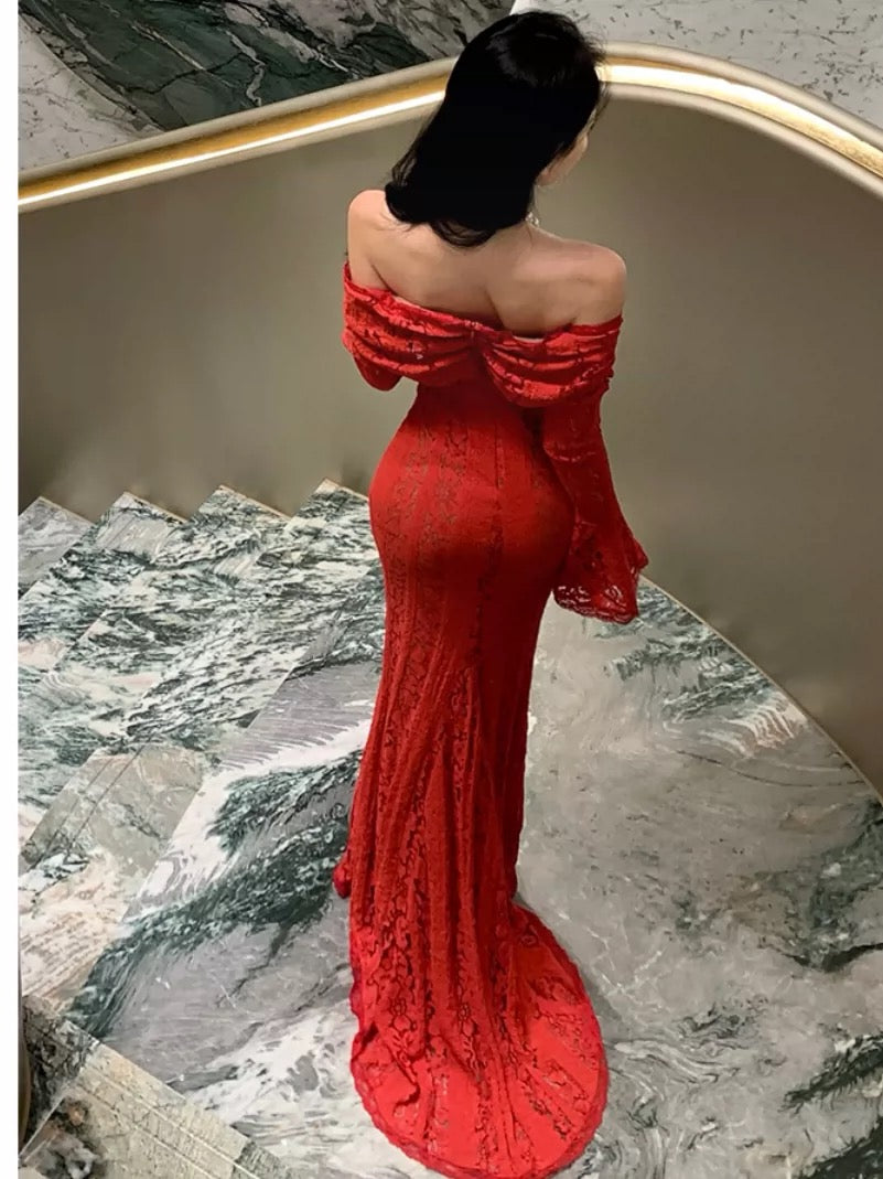 Robe de bal sirène bordeaux en dentelle à épaules dénudées et manches longues, tenue élégante pour le 21e anniversaire, robes d'invitée de mariage d'été N4072