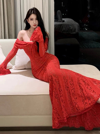 Robe de bal sirène bordeaux en dentelle à épaules dénudées et manches longues, tenue élégante pour le 21e anniversaire, robes d'invitée de mariage d'été N4072