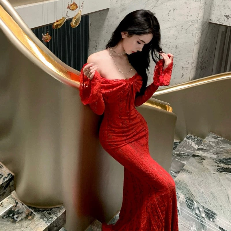 Robe de bal sirène bordeaux en dentelle à épaules dénudées et manches longues, tenue élégante pour le 21e anniversaire, robes d'invitée de mariage d'été N4072
