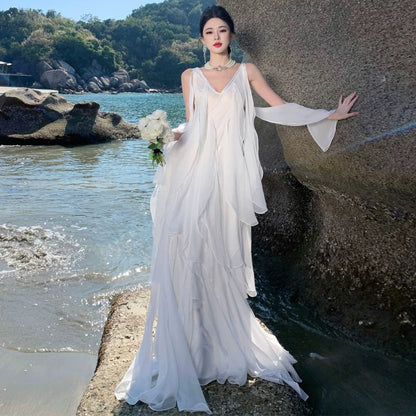 Robe trapèze en mousseline blanche à col en V et volants pour les 19 ans - Tenue élégante d'été pour invitée de mariage N4073