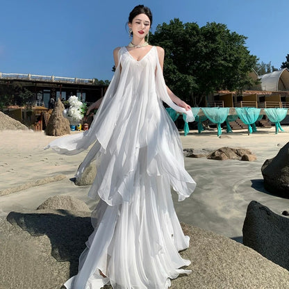 Robe trapèze en mousseline blanche à col en V et volants pour les 19 ans - Tenue élégante d'été pour invitée de mariage N4073