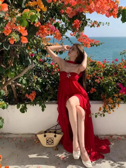 Robe de bal élégante en mousseline de soie rouge, coupe trapèze, col cœur, pour 21ème anniversaire, tenue d'invitée pour mariage d'été N4075