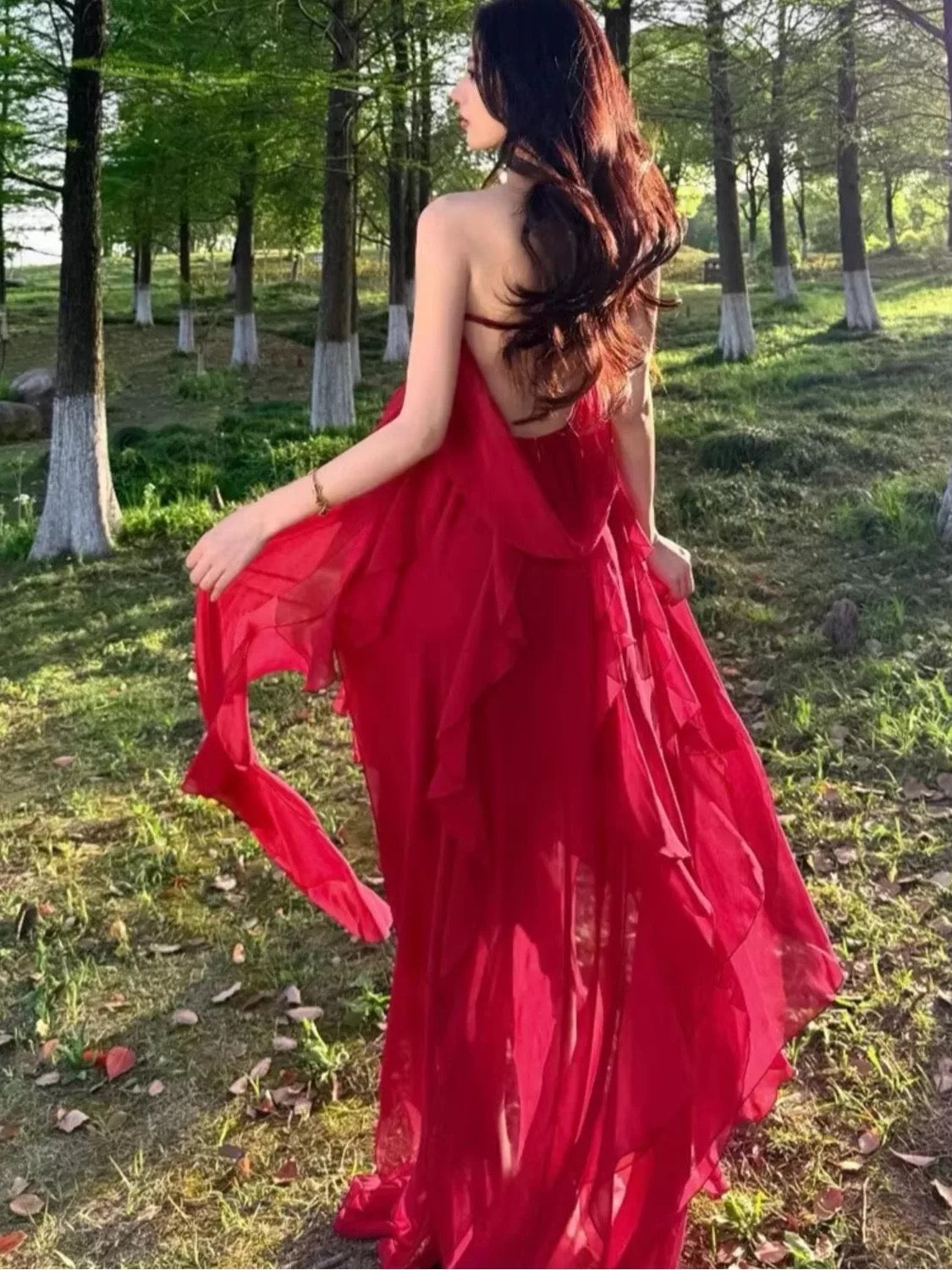 Robe de bal élégante en mousseline de soie rouge, coupe trapèze, col cœur, pour 21ème anniversaire, tenue d'invitée pour mariage d'été N4075