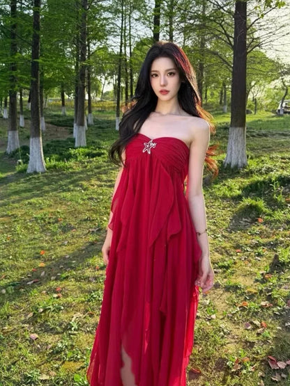 Robe de bal élégante en mousseline de soie rouge, coupe trapèze, col cœur, pour 21ème anniversaire, tenue d'invitée pour mariage d'été N4075