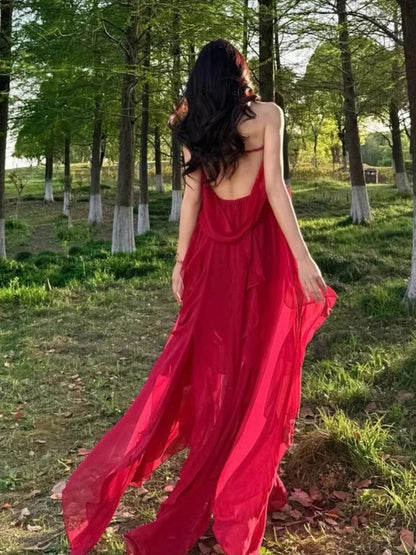 Robe de bal élégante en mousseline de soie rouge, coupe trapèze, col cœur, pour 21ème anniversaire, tenue d'invitée pour mariage d'été N4075