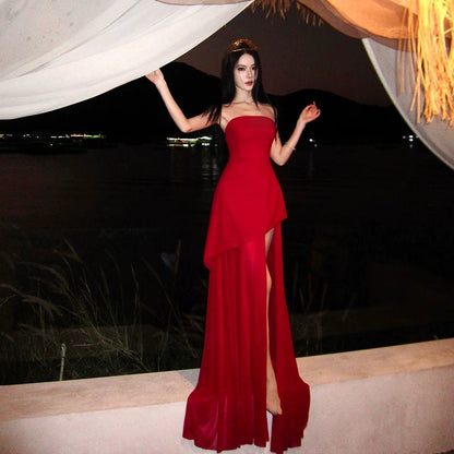 Sexy Mermaid Strapless Red Chiffon Slit 21st Birthday Elegant Outfit Summer Wedding Guest Dresses N4077