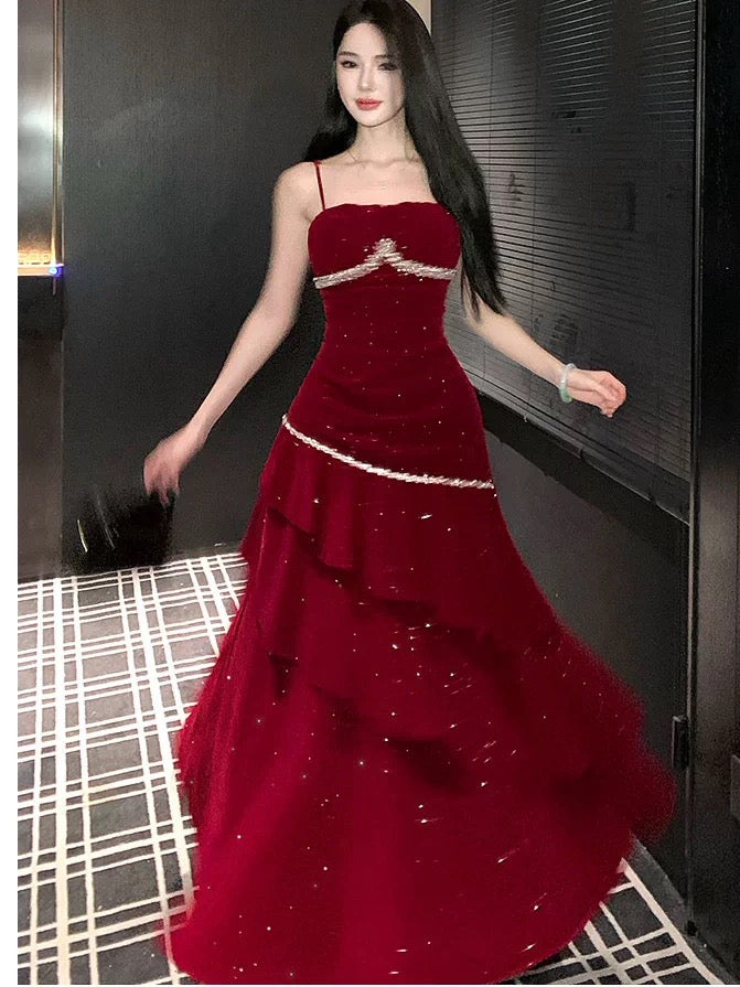 Robe de soirée élégante sirène bordeaux en velours à fines bretelles pour 19e anniversaire et invitée de mariage N4078