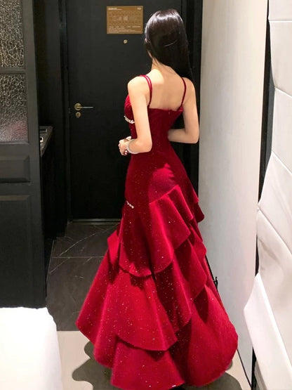 Robe de soirée élégante sirène bordeaux en velours à fines bretelles pour 19e anniversaire et invitée de mariage N4078