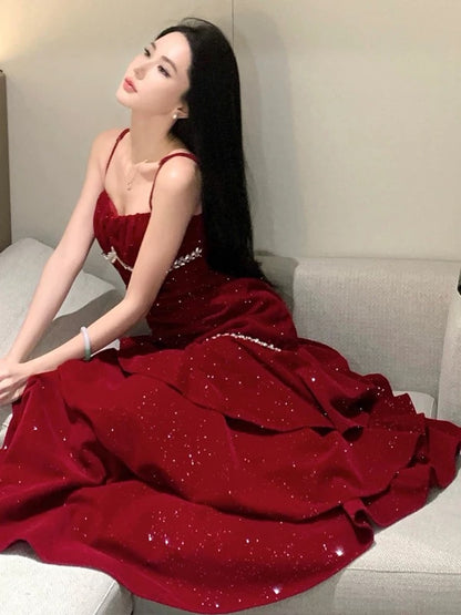 Robe de soirée élégante sirène bordeaux en velours à fines bretelles pour 19e anniversaire et invitée de mariage N4078