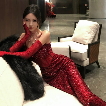 Robe de soirée élégante pour invité de mariage, bretelles fines, sequins bordeaux, charme de sirène, été, 19e anniversaire N4080