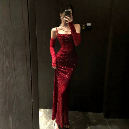 Robe de soirée élégante pour invité de mariage, bretelles fines, sequins bordeaux, charme de sirène, été, 19e anniversaire N4080