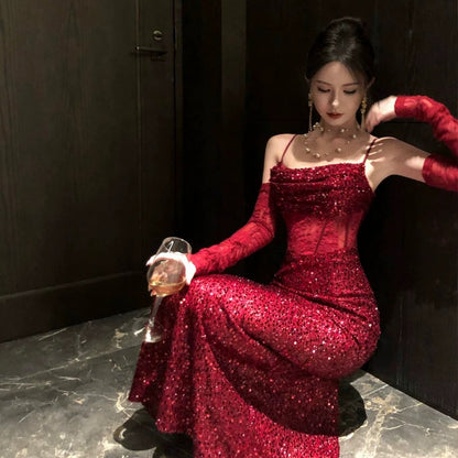 Robe de soirée élégante pour invité de mariage, bretelles fines, sequins bordeaux, charme de sirène, été, 19e anniversaire N4080