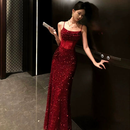 Robe de soirée élégante pour invité de mariage, bretelles fines, sequins bordeaux, charme de sirène, été, 19e anniversaire N4080