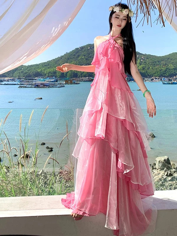 Sexy A-Linien Neckholder Chiffon Pink Elegantes 21. Geburtstag Outfit Sommer Hochzeitsgast Kleider N4082