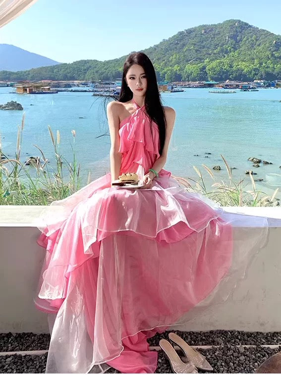 Sexy A-Linien Neckholder Chiffon Pink Elegantes 21. Geburtstag Outfit Sommer Hochzeitsgast Kleider N4082