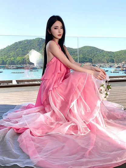 Sexy A-Linien Neckholder Chiffon Pink Elegantes 21. Geburtstag Outfit Sommer Hochzeitsgast Kleider N4082