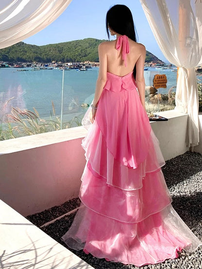 Sexy A-Linien Neckholder Chiffon Pink Elegantes 21. Geburtstag Outfit Sommer Hochzeitsgast Kleider N4082