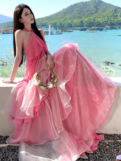 Sexy A-Linien Neckholder Chiffon Pink Elegantes 21. Geburtstag Outfit Sommer Hochzeitsgast Kleider N4082