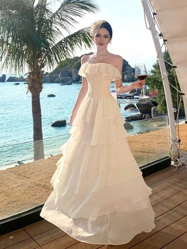 Sexy A-Linie Trägerlos Elfenbein Chiffon 21. Geburtstag Elegantes Outfit Sommer Hochzeitsgastkleider N4083