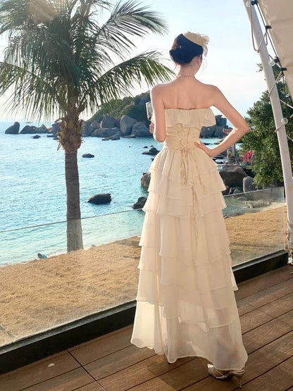 Sexy A-Linie Trägerlos Elfenbein Chiffon 21. Geburtstag Elegantes Outfit Sommer Hochzeitsgastkleider N4083