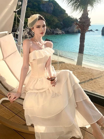 Sexy A-Linie Trägerlos Elfenbein Chiffon 21. Geburtstag Elegantes Outfit Sommer Hochzeitsgastkleider N4083