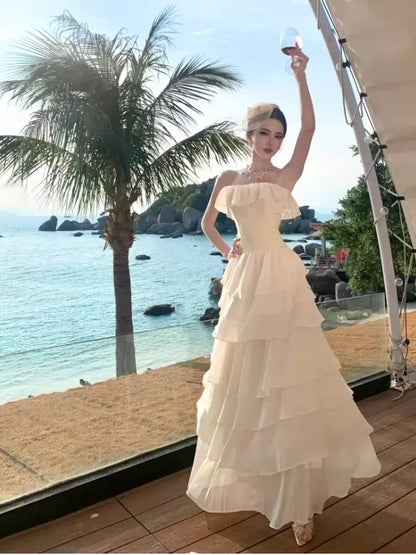 Sexy A-Linie Trägerlos Elfenbein Chiffon 21. Geburtstag Elegantes Outfit Sommer Hochzeitsgastkleider N4083