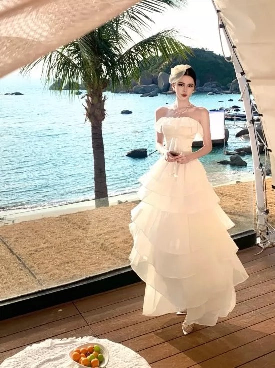 Sexy A-Linie Trägerlos Elfenbein Chiffon 21. Geburtstag Elegantes Outfit Sommer Hochzeitsgastkleider N4083