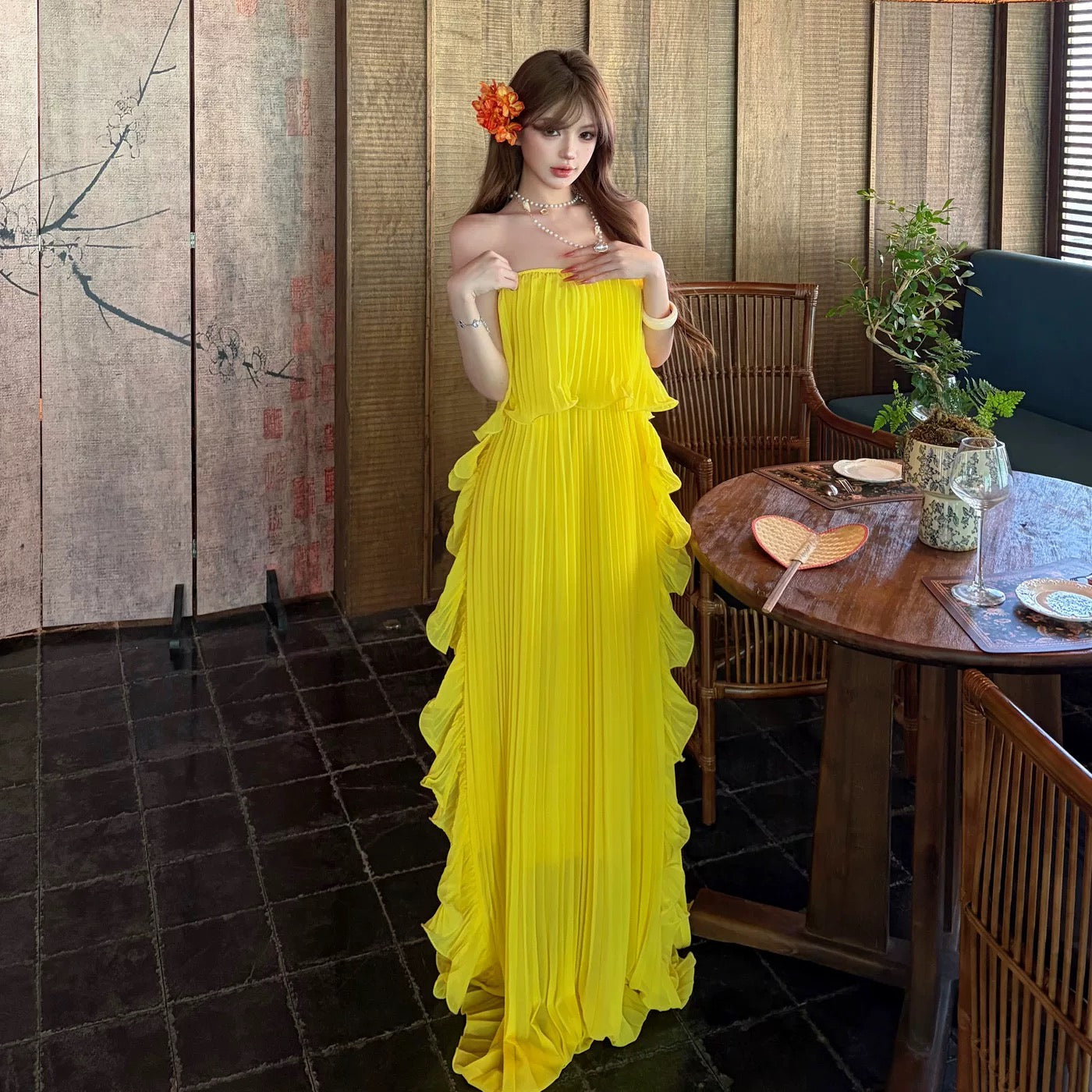 Robe de soirée élégante en mousseline jaune bustier coupe trapèze pour 21ème anniversaire, tenue d'été pour invitée de mariage N4084