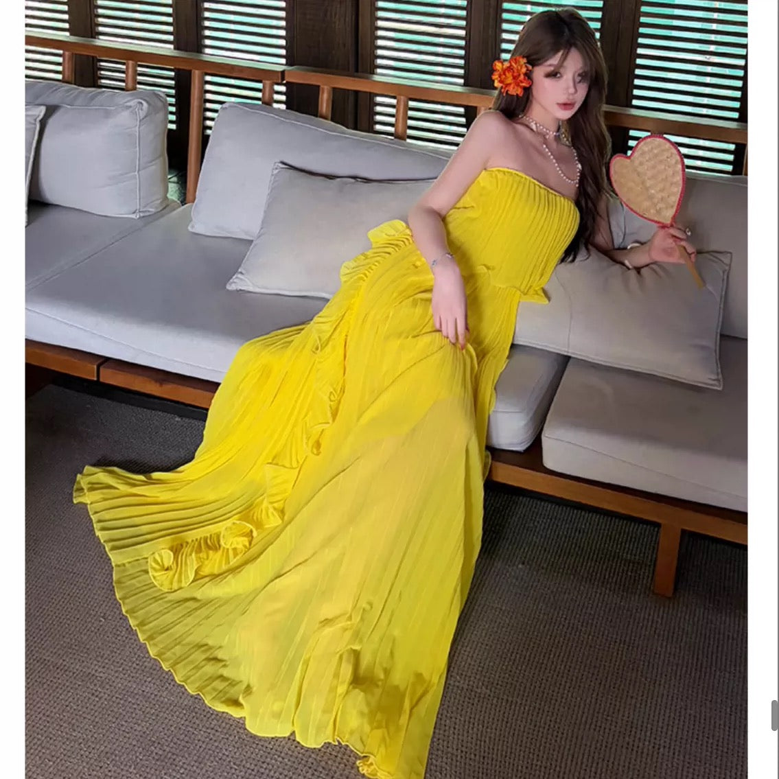 Robe de soirée élégante en mousseline jaune bustier coupe trapèze pour 21ème anniversaire, tenue d'été pour invitée de mariage N4084