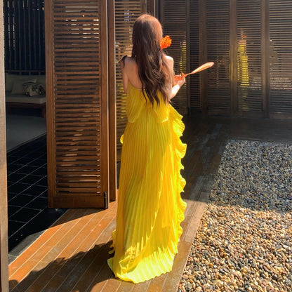 Robe de soirée élégante en mousseline jaune bustier coupe trapèze pour 21ème anniversaire, tenue d'été pour invitée de mariage N4084