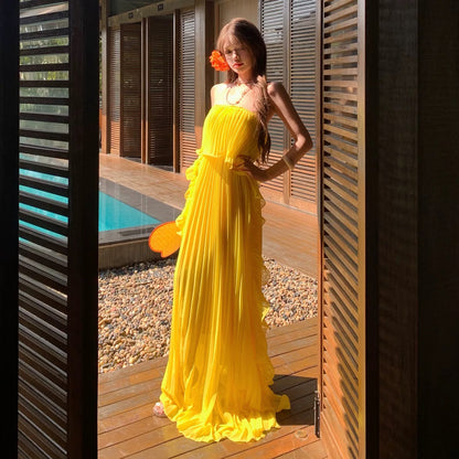 Robe de soirée élégante en mousseline jaune bustier coupe trapèze pour 21ème anniversaire, tenue d'été pour invitée de mariage N4084
