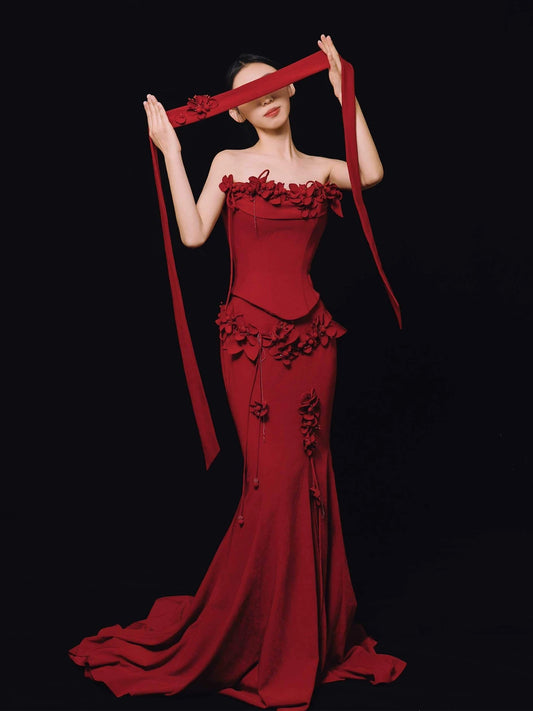 Unique Women's Mermaid Strapless Dark Red Satin Maxi Dress Date Night Outfits Outdoor Semi Formal Wedding Guest Dresses RB5163
