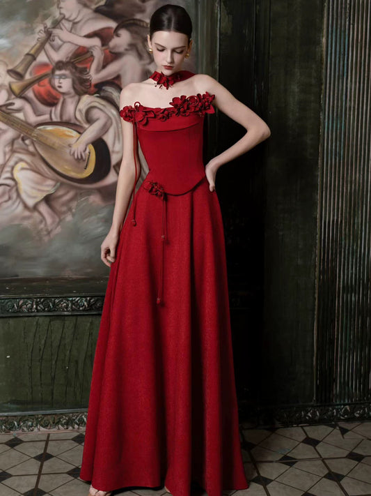 Unique Women's A Line Strapless Dark Red Satin Date Night Outfits Outdoor Semi Formal Wedding Guest Dresses RB5259