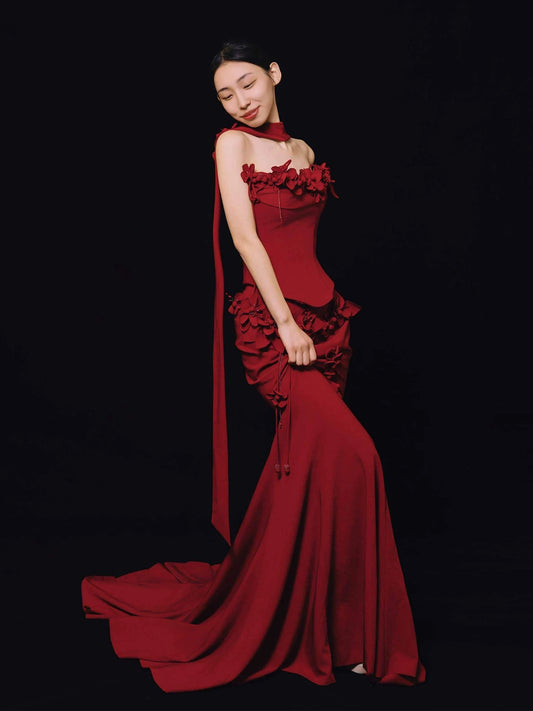Unique Women's Mermaid Strapless Dark Red Satin Maxi Dress Date Night Outfits Outdoor Semi Formal Wedding Guest Dresses RB5163