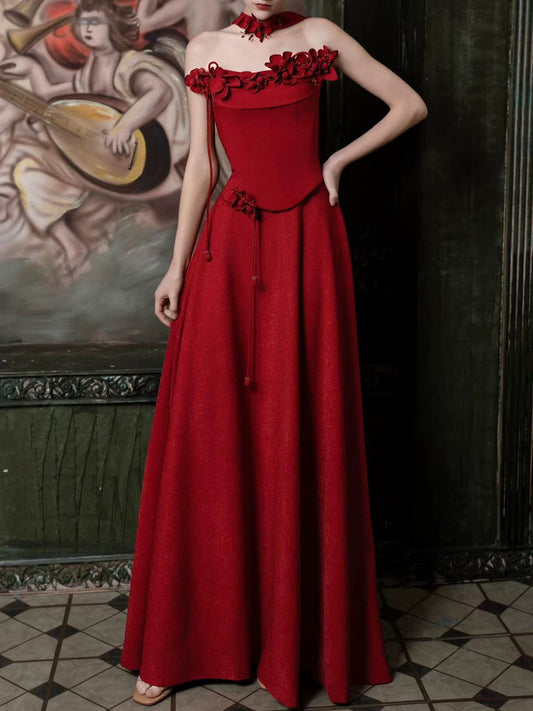 Unique Women's A Line Strapless Dark Red Satin Date Night Outfits Outdoor Semi Formal Wedding Guest Dresses RB5259