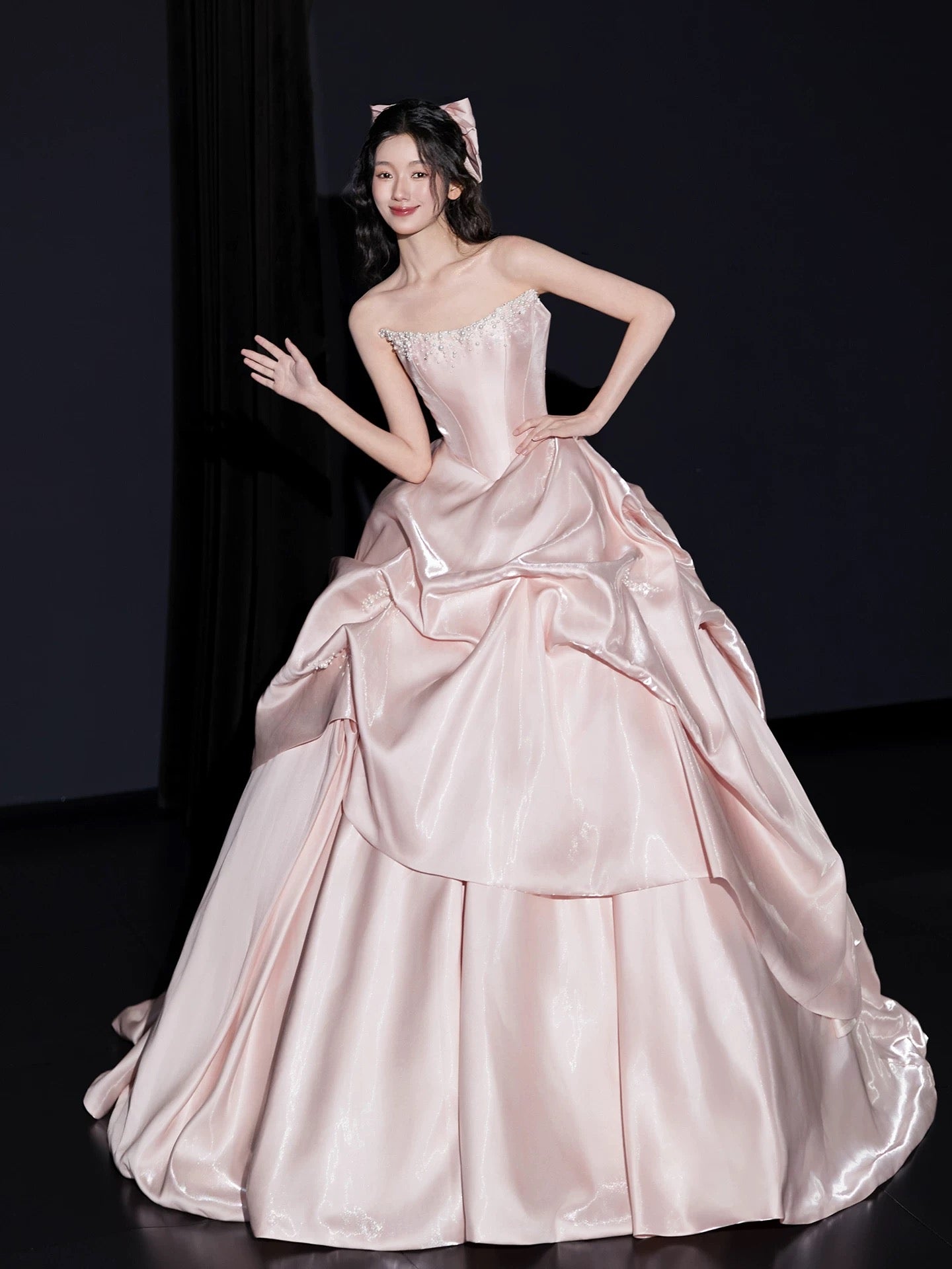 Cute Prom Dresses Ball Gown Strapless Pink With Beads Floor Length Sleeveless Evening Formal Outfits RB5165