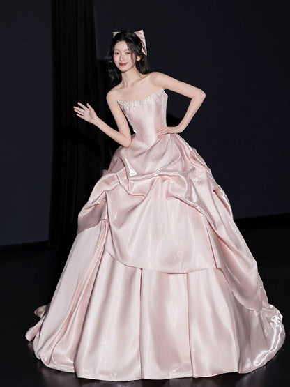 Cute Prom Dresses Ball Gown Strapless Pink With Beads Floor Length Sleeveless Evening Formal Outfits RB5165