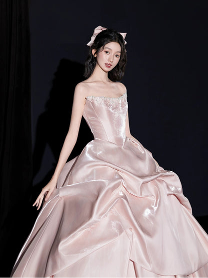 Cute Prom Dresses Ball Gown Strapless Pink With Beads Floor Length Sleeveless Evening Formal Outfits RB5165