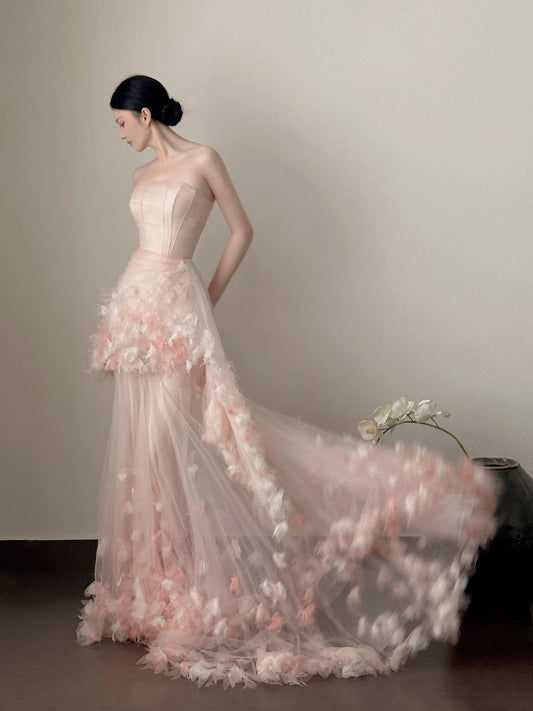 Modest Mermaid Strapless Pink With Flowers Long Floor Length Evening Dresses Inspo Evening Outfits RB5166