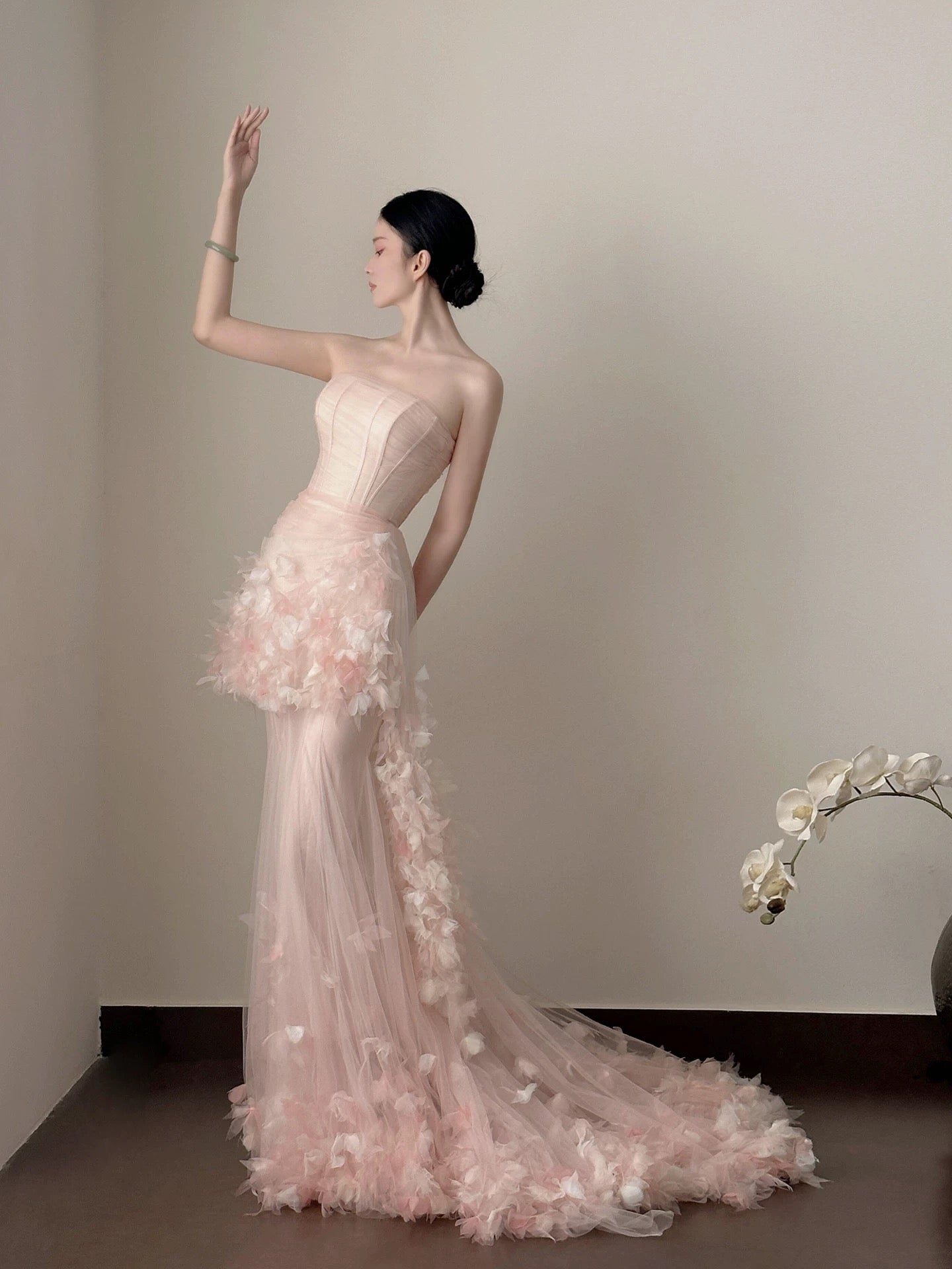 Modest Mermaid Strapless Pink With Flowers Long Floor Length Evening Dresses Inspo Evening Outfits RB5166