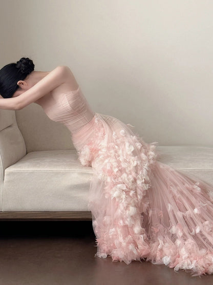 Modest Mermaid Strapless Pink With Flowers Long Floor Length Evening Dresses Inspo Evening Outfits RB5166