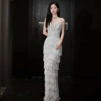 Beautiful Women's A Line Sweetheart Silver Sequin Maxi Dress Date Night Evening Outfit Semi Formal Prom Dresses RB5223