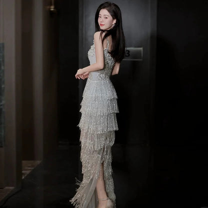 Beautiful Women's A Line Sweetheart Silver Sequin Maxi Dress Date Night Evening Outfit Semi Formal Prom Dresses RB5223