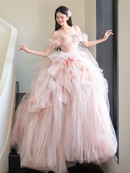 Cute Prom Dress Ball Gown Off The Shoulder Tulle Pink With Flowers Floor Length Quinceanera Dresses Party Formal Outfits RB5226