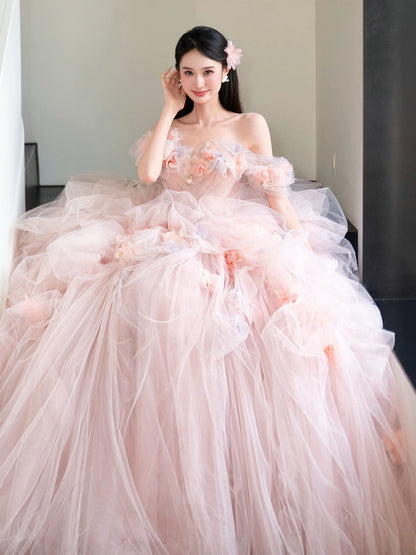 Cute Prom Dress Ball Gown Off The Shoulder Tulle Pink With Flowers Floor Length Quinceanera Dresses Party Formal Outfits RB5226