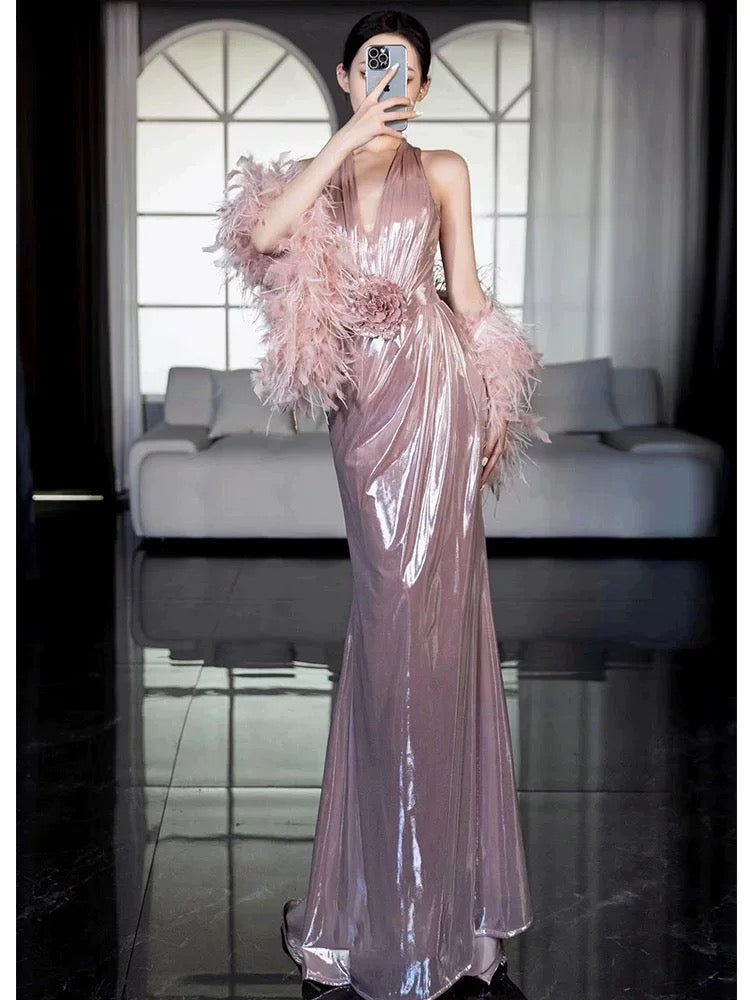 Modest Women's Mermaid Halter Pink Maxi Dress Date Night Evening Outfit Semi Formal Prom Dresses RB5224
